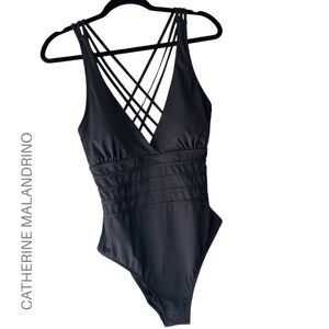 NWT | CATHERINE MALANDRINO BLACK STRAPPY BACK DEEP V-NECK ONE PIECE | LARGE